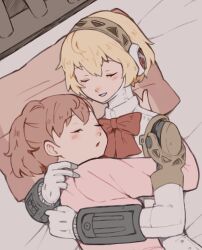  2girls absurdres aigis_(persona) android blonde_hair blush bow bowtie brown_hair closed_eyes cuddling gold_hairband hairband head_on_pillow highres joints long_sleeves mechanical_arms multiple_girls on_bed persona persona_3 persona_3_portable pillow pink_shirt ponytail red_bow red_bowtie robot_ears robot_joints shared_bed shiomi_kotone shirt short_hair sleeping sleeping_together smile tbjj1208 upper_body yuri 