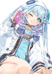  1girl ;q animal_hood black_choker blue_eyes blue_hair blue_shirt blue_shorts blunt_bangs braid cellphone choker commentary_request ear_piercing earrings hair_flaps hand_up holding holding_phone hololive hololive_dev_is hood hood_up hooded_jacket jacket jewelry long_hair looking_at_viewer low_twin_braids miri_(ago550421) mizumiya_su mizumiya_su_(1st_costume) o-ring o-ring_choker one_eye_closed phone piercing pink_streaks rabbit_hood shirt short_shorts shorts simple_background smartphone solo tongue tongue_out torn_clothes torn_shirt twin_braids virtual_youtuber white_background white_jacket 