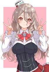  1girl absurdres blush breasts brown_eyes corset double_v grey_hair hair_between_eyes hat highres jewelry kantai_collection large_breasts long_hair long_sleeves looking_at_viewer mini_hat nitamako_(sakamalh) pink_background pola_(kancolle) red_skirt ring shirt skirt smile solo thick_eyebrows tilted_headwear v wavy_hair wedding_ring white_background white_shirt 