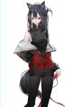  0_(znanimo) 1girl absurdres animal_ears arknights black_hair black_pantyhose black_shirt black_shorts feet_out_of_frame hair_between_eyes hand_in_pocket highres jacket long_hair looking_at_viewer off_shoulder one_side_up open_clothes open_jacket pantyhose pantyhose_under_shorts red_eyes red_jacket shirt shorts simple_background sleeveless sleeveless_shirt solo tail texas_(arknights) white_background wolf_ears wolf_girl wolf_tail 