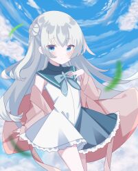  1girl 9ra4ki33 :< absurdres anemoi aqua_sailor_collar arm_behind_back bare_shoulders blue_eyes blue_sky blurry blush bow bowtie closed_mouth clouds commentary cowboy_shot day depth_of_field dress expressionless falling_leaves floating_hair frilled_dress frills grey_bow grey_bowtie grey_hair hair_between_eyes hair_bun hand_up highres leaf long_hair looking_at_viewer one_side_up outdoors sailor_collar sailor_dress short_dress single_side_bun sky sleeveless sleeveless_dress solo tsujikura_spica very_long_hair 