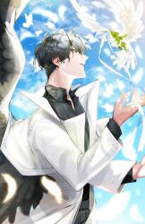  1boy absurdres bird black_hair black_shirt black_wings coat collared_shirt commentary_request day demon_horns dove falling_feathers feathered_wings feathers glowing hand_up hayu_beck head_tilt highres horns kim_dokja korean_commentary male_focus omniscient_reader's_viewpoint open_clothes open_coat outdoors plant_request popped_collar ribbon shirt short_hair too_many too_many_birds upper_body white_coat wings 