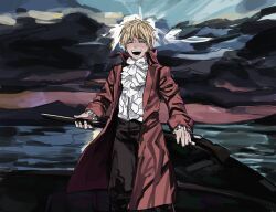  1boy ascot assault_rifle axis_powers_hetalia baggy_pants black_boots blonde_hair blue_sky boat boots brown_pants closed_eyes clouds cloudy_sky coat cowboy_shot evening fingernails frills gun happy highres holding holding_gun holding_weapon kiguchi05 lapels long_sleeves male_focus ocean open_clothes open_coat open_mouth outdoors pants pink_sky red_coat rifle shirt short_hair sky smile solo standing sun sunset teeth united_kingdom_(hetalia) watercraft weapon white_ascot white_shirt 