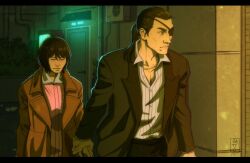  1boy 1girl black_hair black_jacket chain chain_necklace cheekbones collared_shirt eyepatch hashtag-only_commentary highres holding_hands jacket jewelry long_hair majima_goro makimura_makoto necklace night ponytail ryuu_ga_gotoku_(series) ryuu_ga_gotoku_0 shirt short_hair teppn_(gattobamboom) 