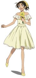  1girl :d black_hair bow collarbone dress flower frilled_dress frills green_eyes high_heels high_ponytail highres holding holding_flower looking_up medium_dress meitantei_conan off-shoulder_dress off_shoulder official_art open_mouth ponytail ribbon rose shoes simple_background smile solo standing standing_on_one_leg tooyama_kazuha transparent_background yellow_bow yellow_dress yellow_flower yellow_ribbon yellow_rose yellow_shoes 