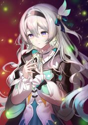  1girl black_hairband black_jacket bridal_gauntlets closed_mouth commentary_request firefly_(honkai:_star_rail) gradient_hair green_hair grey_hair hair_between_eyes hair_ornament hairband holding honkai:_star_rail honkai_(series) jacket kiki-yu long_hair long_sleeves multicolored_hair neckerchief orange_neckerchief pink_eyes solo upper_body very_long_hair white_background 