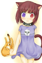  1girl animal animal_ears blush brown_hair cat cat_ears cat_girl cat_tail closed_mouth collar commentary_request cowboy_shot dress haty heterochromia holding holding_animal holding_cat looking_at_viewer nyuu_(ragnarok_online) orange_cat purple_dress ragnarok_online red_eyes short_hair short_sleeves smile solo spiked_collar spikes tail violet_eyes white_background 