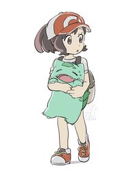  1girl :o backpack bag brown_bag brown_eyes brown_hair bulbasaur commentary_request dated elaine_(pokemon) eyelashes hat holding holding_pokemon looking_to_the_side own_hands_together parted_lips pokemon pokemon_(creature) pokemon_(game) pokemon_lgpe ponytail red_headwear shirt short_sleeves standing sweat ueda_hanako white_background 