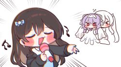  >_< 3girls :3 absurdres angry bad_singing blue_bow blurry blurry_foreground blush bow brown_hair chibi cinderella_(nikke) closed_eyes collared_shirt commentary_request diesel_(nikke) diesel_(winter_sweets)_(nikke) emphasis_lines flailing flying_sweatdrops goddess_of_victory:_nikke hair_bow hands_up highres holding holding_back holding_microphone jacket jitome korean_commentary liberalio_(nikke) long_hair long_sleeves microphone mixed-language_commentary mming_(mmingis18) multiple_girls music musical_note official_alternate_costume open_clothes open_jacket open_mouth outstretched_arm purple_hair red_eyes shirt simple_background singing sweatdrop twintails very_long_hair white_background white_hair wide_sleeves 