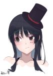  1girl absurdres akiyama_mio black_eyes black_hair black_headwear blush closed_mouth collarbone don&#039;t_say_&quot;lazy&quot; hat highres k-on! long_hair manzaak mini_hat mini_top_hat official_alternate_costume portrait simple_background solo top_hat translation_request white_background 