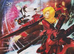  1980s_(style) 1990s_(style) 2boys 2girls aqua_hair artist_request battle beam_cannon beam_rifle black_hair blonde_hair cable char's_counterattack char_aznable color_halftone contrail crease earth_(planet) earth_federation_space_forces energy_beam energy_gun firing fleet funnels_(gundam) gundam gyunei_guss highres in_orbit machinery mecha military_uniform mobile_suit multiple_boys multiple_girls nanai_miguel nebula neo_zeon one-eyed planet poster_(medium) promotional_art quess_paraya ra_cailum retro_artstyle robot sazabi scan scene_reference science_fiction shield space spacecraft star_(sky) thrusters traditional_media weapon zero_gravity 