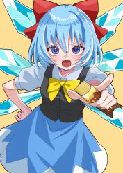  0002koko 1girl absurdres aqua_hair black_vest blue_eyes blue_skirt bow brown_background buttons cirno collared_shirt commentary_request cowboy_shot food hair_between_eyes hand_on_own_hip highres holding holding_food ice ice_wings looking_at_viewer mcdonald's open_mouth pointing pointing_at_viewer puffy_short_sleeves puffy_sleeves red_bow shirt short_hair short_sleeves skirt solo touhou v-shaped_eyebrows vest white_shirt wings yellow_bow 