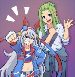  2girls animal_ears blue_eyes blue_hairband blue_jacket blue_pants blue_sports_bra clenched_hand clipboard clothes_around_waist collared_shirt crop_top ear_covers ear_piercing eggtempest fang fingerless_gloves gloves green_hair grey_hair hair_between_eyes hairband headband highres holding holding_clipboard horse_ears horse_girl jacket komiyama_masami lightning_bolt_print lightning_bolt_symbol long_hair long_sleeves looking_at_viewer midriff multiple_girls navel open_mouth pants piercing red_headband shirt smile sports_bra striped_clothes striped_hairband tamamo_cross_(umamusume) tamamo_cross_(with_lightning_speed)_(umamusume) teeth umamusume umamusume:_cinderella_gray very_long_hair waving white_pants white_shirt 