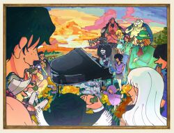  4girls 6+boys ^_^ afro banchina beard bellemere black_hair blonde_hair bottle brook_(one_piece) child closed_eyes colored_skin commentary crossed_arms dr._hiluluk english_commentary facial_hair fisher_tiger freckles going_merry green_hat hat highres holding holding_bottle indian_style instrument itstheenami kouzuki_oden multiple_boys multiple_girls music nefertari_cobra nico_olvia old old_man one_piece pedro_(one_piece) piano playing_instrument playing_piano portgas_d._ace red_skin shimotsuki_kuina sitting sunset tom_(one_piece) twitter_username vinsmoke_sora white_hair yorki 