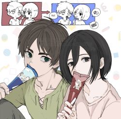  1boy 1girl 5nd_0mc black_hair brown_hair candy chibi chibi_inset commentary covered_mouth eren_yeager food grey_eyes grey_pants grey_shirt hair_between_eyes highres holding holding_food mikasa_ackerman pants parted_bangs pink_shirt shingeki_no_kyojin shirt short_hair simple_background symbol-only_commentary twitter_username upper_body 