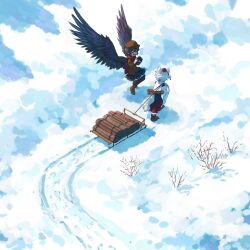  2girls :d ^_^ absurdres animal_ears axe black_hair black_pantyhose black_skirt black_wings boots brown_boots brown_coat brown_hat camera closed_eyes coat commentary day detached_sleeves english_commentary feathered_wings firewood flying footprints gradient_clothes gradient_skirt hat highres holding holding_camera inubashiri_momiji long_sleeves mixed-language_commentary multiple_girls newsboy_cap open_mouth outdoors pantyhose pointy_ears pom_pom_(clothes) red_hat red_scarf red_shirt ribbon scarf shameimaru_aya sheath sheathed shirt short_hair skirt sled smile snow suteruko tail tokin_hat touhou white_hair white_ribbon white_shirt white_sleeves wide_sleeves wings winter wolf_ears wolf_girl wolf_tail 