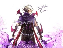  1boy black_shirt blonde_hair brown_gloves brown_pants capelet chain character_name closed_mouth commentary_request cowboy_shot dual_wielding fingerless_gloves fire flaming_sword flaming_weapon from_behind gloves gobaku_no_hito holding holding_sword holding_weapon male_focus pants purple_capelet purple_fire ragnarok_masters ragnarok_online shirt short_hair solo soulblade_cross_(ragnarok_masters) sword weapon white_background 