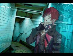  1boy black_border black_gloves blood blood_on_clothes blood_on_face border derohrwurm12 fingerless_gloves fluorescent_lamp gloves green_eyes hair_between_eyes hashtag-only_commentary highres jacket key lauren_iroas lauren_iroas_(1st_costume) long_hair long_sleeves male_focus nijisanji open_clothes open_jacket open_mouth ponytail red_hair side_ponytail solo tile_wall tiles upper_body virtual_youtuber 