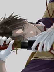  1567date 1boy brown_hair collared_shirt commentary_request drawing_sword gloves grey_background heshikiri_hasebe highres holding holding_sword holding_weapon looking_at_viewer male_focus parted_hair parted_lips purple_robe robe sanpaku shirt simple_background solo sword touken_ranbu violet_eyes weapon white_gloves white_shirt 