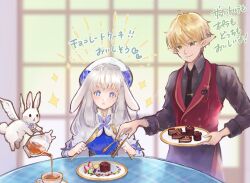  +_+ 1boy 1girl animal_ears arch_bishop_(ragnarok_online) black_necktie blonde_hair blue_dress blue_eyes blush cafe cake closed_mouth collared_shirt commentary_request dress floppy_ears food fork gobaku_no_hito green_eyes grey_hair grey_shirt hat holding holding_fork holding_knife indoors knife long_hair long_sleeves mole mole_under_eye necktie open_mouth pointy_ears pouring rabbit rabbit_ears rabbit_girl ragnarok_masters ragnarok_online red_vest shirt short_hair smile sparkle tea teapot translation_request two-tone_dress upper_body vest white_dress white_hat window winged_rabbit 