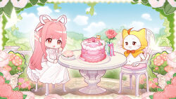  1girl ahoge animal artist_request bib_collar birthday birthday_cake blue_sky bow bowtie brown_eyes buttons cake cat chair chibi cloak clothed_animal clouds collar commentary day dot_nose dress ear_covers english_commentary flower food frilled_collar frilled_dress frilled_sleeves frills garden hair_intakes hair_ribbon hand_on_lap hand_on_own_cheek hand_on_own_face happy highres hood hood_up hooded_cloak juliet_sleeves light_particles long_dress long_hair long_sidelocks long_sleeves looking_at_food navel nikki_(nikki) nikki_(series) official_art on_chair open_mouth origami outdoors paper_crane pink_flower pink_hair pink_rose pleated_dress puffy_sleeves red_bow red_bowtie ribbon rose second-party_source shadow sidelocks sitting sky sleeves_past_wrists smile snowflakes sparkle swept_bangs table tareme traditional_bowtie tree vase very_long_hair wavy_hair whiskers white_cat white_collar white_dress white_ribbon yellow_cloak 