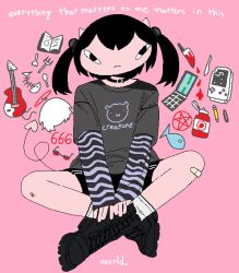  1girl absurdres ahoge alternate_hairstyle bandaid bandaid_on_knee bandaid_on_leg black_boots black_collar black_eyes black_hair black_shirt black_shorts blood book boots cellphone chewchewer closed_mouth collar colored_skin demon_horns demon_tail detached_ahoge english_text eraser fish fish_skeleton flip_phone fork game_boy glasses guitar hair_bobbles hair_ornament halo handheld_game_console highres horns instrument jaggy_lines ketchup knife microsoft_paint_(medium) nail_polish nyan_(chewchewer) original pencil pentagram phone pink_background print_shirt red_halo red_skin shirt short_twintails shorts simple_background sitting socks solo spoon striped_arm_warmers tail twintails white_socks 