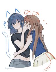  2girls algaesouup black_shirt blue_shirt closed_eyes closed_mouth commentary covering_another's_mouth drawn_ears drawn_tail drawn_whiskers english_commentary hand_on_another's_face hand_on_another's_waist heart highres miyagi_shiori multiple_girls sendai_hazuki shirt shuuniichido_classmate_wo_kau_hanashi simple_background skirt sleeveless sleeveless_shirt squiggle white_background yellow_skirt yuri 