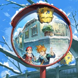  2boys bag baseball_cap bird black_hair blue_eyes blue_jacket blue_oak blue_sky blush brown_eyes brown_hair bug building commentary dog fiy1827565 hat highres jacket joltik male_focus mirror multiple_boys open_mouth outdoors pointing pokemon pokemon_(creature) pokemon_frlg red_(pokemon) red_hat red_jacket reflection rockruff scarf short_hair shoulder_bag sky snow spiky_hair symbol-only_commentary traffic_mirror white_scarf 