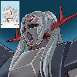  1girl close-up energy_cannon frieren gundam highres keuma long_hair looking_up mecha mecha_focus meme mobile_suit_gundam reference_inset robot solo sousou_no_frieren twintails upward_angle_frieren_drawing_(meme) white_hair zeong 