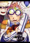  3boys :d arm_around_neck birthday blonde_hair box confetti dated epaulettes gift gift_box glasses happy happy_birthday headband headpat helmeppo highres koby_(one_piece) male_focus monkey_d._garp multiple_boys one_piece out_of_frame pink_hair ron_raisin_op sanpaku short_hair smile solo_focus upper_body 