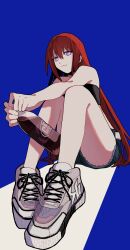  1girl absurdres bandeau bare_shoulders black_bandeau blue_background closed_mouth dr_pepper full_body highres holding long_hair looking_at_viewer makise_kurisu red_hair science_adventure shoes short_shorts shorts simple_background sitting smile sneakers solo steins;gate suehiroch0 thighs violet_eyes 