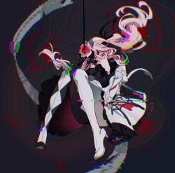  1other absurdres akiyama_mizuki black_background black_pantyhose boots clutching_head commentary convenient_leg dechel dress floating_hair flower full_body glitch hair_flower hair_ornament hands_on_own_face highres keikyoku_no_machi_wa_doko_e_(project_sekai) knees_up official_alternate_costume one_eye_covered other_focus pantyhose pink_eyes pink_flower pink_rose project_sekai rose side_ponytail solo two-tone_pantyhose white_boots white_dress white_pantyhose wide-eyed 