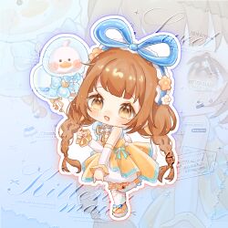  1girl animal_balloon balloon balloon_trip_(infinity_nikki) bare_shoulders bird blue_background blue_bow blue_hairband blue_ribbon blunt_bangs bow braid brooch brown_eyes brown_hair bubble_skirt chibi chinese_commentary commentary_request commission dress duck duck_tail eyelashes fake_tail flower footwear_bow frilled_arm_warmers frilled_hairband frilled_thighhighs frills gradient_background hair_flower hair_ornament hair_ribbon hairband hand_on_own_knee happy heart heart_print holding holding_balloon infinity_nikki jewelry lanlan_zhi_jiabing large_ribbon leg_up light_blush light_particles long_hair low_twin_braids miniskirt neck_ribbon nikki_(series) open_mouth orange_flower outline pleated_dress print_thighhighs ribbon sample_watermark shoes short_dress single_stripe skirt skirt_under_dress sleeveless sleeveless_dress smile solo standing star_(symbol) star_print striped_ribbon tail tareme thigh-highs too_many_watermarks twin_braids very_long_hair watermark white_arm_warmers white_flower white_outline white_skirt white_thighhighs yellow_dress yellow_ribbon yellow_shoes zoom_layer 
