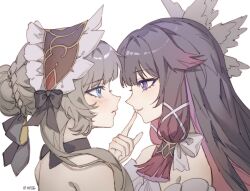  2girls black_hair blue_eyes bonnet braid brown_hair bun_with_braided_base closed_mouth columbina_(genshin_impact) genshin_impact hashtag-only_commentary highres index_finger_raised light_blush liuyun_(liuyun73492) looking_at_another multiple_girls pointing pointing_at_self sandrone_(genshin_impact) simple_background smile upper_body violet_eyes white_background white_bonnet 