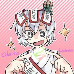  +_+ 1other androgynous bamboo_hair_ornament bare_arms bare_shoulders celeritas_lumen character_name collarbone excited eyes_visible_through_hair gradient_background grey_eyes hair_between_eyes image_sample jandare japanese_clothes kimono len'en lowres magic non-web_source ofuda ofuda_on_head open_mouth other_focus outline pink_background pixiv_sample sash short_hair sleeveless sleeveless_kimono smile solo sparkle sparkling_eyes striped_background upper_body white_hair white_kimono white_outline white_sash 