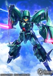  anksha assault_visor clouds cloudy_sky commentary_request copyright_logo copyright_name copyright_notice dual_wielding earth_federation energy_sword flying gundam gundam_card_game gundam_unicorn holding holding_sword holding_weapon kenko_(a143016) logo mecha mecha_focus no_humans official_art orange_visor robot science_fiction sky solo sword weapon 