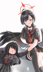  2girls :d absurdres adapted_costume ahoge alternate_hair_length alternate_hairstyle artist_name asymmetrical_legwear black_choker black_gloves black_hair black_sailor_collar black_serafuku black_shirt black_skirt black_thighhighs black_wings blue_archive blue_eyes blunt_bangs blush choker commentary convenient_leg dated drooling eyebrows_hidden_by_hair feathered_wings feet_out_of_frame film_grain gloves grin hair_ornament hair_spread_out hairclip halo hand_up highres hime_cut ichika_(blue_archive) justice_task_force_member_(blue_archive) knee_up lens_flare long_hair looking_at_viewer low_wings lying medium_hair midriff miniskirt mismatched_legwear mouth_drool multiple_girls neckerchief on_back open_mouth pleated_skirt red_halo red_neckerchief sailor_collar school_uniform serafuku shangdi_de_fa_zhang shirt short_sleeves sidelocks simple_background single_thighhigh sitting skirt smile thigh-highs thigh_strap tsurime unusually_open_eyes white_background wings wolf_cut 