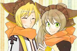  1boy 1girl arch_bishop_(ragnarok_online) blonde_hair blue_nails blush brown_cape brown_hair cape closed_eyes closed_mouth commentary_request fingernails fur-trimmed_cape fur_trim green_eyes grey_background headdress long_hair looking_at_viewer oekakipikki official_alternate_costume orange_scarf ragnarok_online scarf short_hair smile striped_background upper_body warlock_(ragnarok_online) 