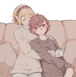  2girls absurdres aigis_(persona) alternate_costume android blonde_hair blush brown_hair brown_sweater closed_eyes closed_mouth couch cowboy_shot gold_hairband hairband hand_on_another's_shoulder highres leaning_on_person mechanical_hands multiple_girls on_couch persona persona_3 persona_3_portable red_eyes robot_ears shiomi_kotone short_hair simple_background sitting smile sweater tbjj1208 white_background yuri 