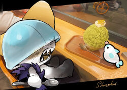  1other alternate_color angry artist_name bird black_eyes blank_eyes blue_hair blunt_bangs blush bowl_cut chair colored_skin commentary covered_eyes dated dessert english_commentary food from_side hair_over_eyes highres holding holding_spoon ice_cream indoors letterboxed licking on_chair open_mouth outside_border photo_background pokemon pokemon_(creature) profile ralts saliva sharp_teeth shiny_pokemon short_hair signature sitting solid_circle_eyes solo_focus spoon table teeth tongue tongue_out tray twitter_username white_skin window yueryu_(taroyuer2) 