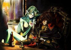 1970s_(style) 1boy 1girl 2727hiroemon alcohol alien arm_on_another's_shoulder arrow_print black_cape black_cloak black_jacket black_polka_dots black_shirt black_vest blue_skin blush bodysuit bottle breasts brown_gloves brown_hair candle candle_wax candlelight candlestand cape cloak colored_skin cup dress drinking_glass drunk dutch_angle earrings elf enjoying_company expressionless eyepatch floating_hair full_body gloves glowing glowing_eye glowing_eyes gold_bangle gold_earrings green_dress green_eyes green_hair green_jacket harlock harlock_saga high_collar jacket jewelry jolly_roger leather_chair light_blush light_smile long_hair matsumoto_leiji_(style) medium_breasts miime military_jacket military_uniform necklace night on_throne one_eye_closed one_eye_covered pillar pirate pirate_costume planet pointy_ears realistic red_jacket red_wine redesign retro_artstyle ringed_eyes royal_navy sailor scar scar_on_cheek scar_on_face scar_on_nose science_fiction see-through_clothes see-through_dress serious ship_captain shirt silk simple_background sitting sitting_on_throne skull_and_crossbones skull_necklace skull_ornament smile space stone_pillar sweater throne turtleneck turtleneck_bodysuit turtleneck_sweater uchuu_kaizoku_captain_harlock unusually_open_eyes upper_body very_long_hair vest white_background white_skin wine wine_bottle wine_glass yellow_eyes