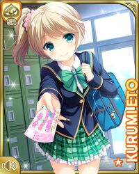  1girl bow bowtie brown_hair cardigan eto_kurumi girlfriend_(kari) green_bow green_bowtie green_eyes green_skirt hair_ornament hair_scrunchie jacket looking_at_viewer miniskirt official_art plaid_clothes plaid_skirt pleated_skirt qp:flapper school_uniform scrunchie shirt side_ponytail skirt smile solo standing white_shirt yellow_cardigan 