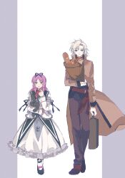  1boy 1girl asprosgy bag baguette border bow bread curtained_hair dress eiyuu_densetsu floating_clothes food full_body grey_border groceries grocery_bag hair_bow hashtag-only_commentary highres holding holding_bag holding_suitcase hugging_object leonhardt_(eiyuu_densetsu) long_hair mary_janes paper_bag parted_bangs purple_hair red_eyes renne_(eiyuu_densetsu) shoes shopping_bag short_hair sora_no_kiseki stuffed_animal stuffed_rabbit stuffed_toy suitcase two-tone_background white_background white_hair yellow_eyes 