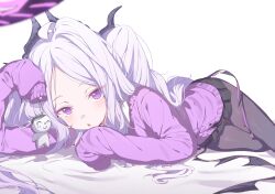  1girl absurdres ahoge black_halo black_skirt blue_archive blush commentary_request demon_girl demon_horns demon_wings doodle_sensei_(blue_archive) halo highres hina_(blue_archive) horns long_hair looking_at_viewer low_wings lying sensei_(blue_archive) simple_background skirt solo very_long_hair violet_eyes white_background white_hair wings youguo_naberu 