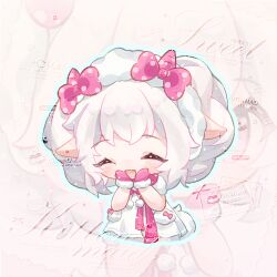  1girl ^_^ animal_ears bare_arms blue_outline bow bowtie chibi chinese_commentary closed_eyes commentary_request commission cosplay cropped_legs curly_hair dot_nose dress eyelashes fang fur-trimmed_mittens fur_hairband fur_sleeves fur_trim goat_ears goat_girl goat_horns hair_bow hairband hands_on_own_chin happy horns lanlan_zhi_jiabing light_blush light_particles mei_yangyang mei_yangyang_(cosplay) mittens nikki_(series) open_mouth outline pink_bow pink_bowtie pink_horns pink_mittens pink_snowprint_(shining_nikki) pocket polka_dot polka_dot_bow pom_pom_(clothes) puffy_short_sleeves puffy_sleeves sample_watermark shining_nikki short_hair short_sleeves skin_fang small_horns smile solo striped_horns too_many_watermarks watermark white_background white_dress white_hair white_hairband xiyangyang_yu_huitailang zoom_layer 