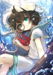  1girl anchor anchor_symbol aqua_eyes black_hair chain collared_shirt fish hat highres holding holding_ladle ladle looking_at_viewer mini_hat murasa_minamitsu neckerchief red_neckerchief shirt short_hair short_sleeves shorts shoudoku_taishi_(taishi) sitting smile solo touhou water white_hat white_shirt white_shorts 
