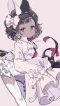  1girl absurdres animal_ear_fluff animal_ears artist_name bow braid closed_mouth dark_skin hair_bow highres jikuno looking_at_viewer original red_eyes sleeves_past_fingers sleeves_past_wrists solo thigh-highs white_bow white_thighhighs 