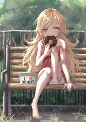  1girl 49_works absurdres arm_at_side arm_rest bakemonogatari bare_arms bare_legs bare_shoulders barefoot bench blonde_hair center_frills chocolate_donut collarbone doughnut dress dress_ribbon eating fang flipped_hair food frills full_body grass hair_flaps hand_to_own_mouth hand_up highres knee_to_chest knee_up light_blush long_hair looking_to_the_side monogatari_(series) on_bench oshino_shinobu outdoors park_bench pastry_box railing red_dress ringed_eyes sitting sleeveless sleeveless_dress solo strap_slip sundress tree uneven_eyes v-shaped_eyebrows very_long_hair yellow_eyes 