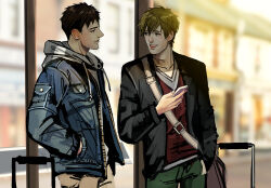  2boys black_hair blue_jacket blurry blurry_background brown_hair cellphone commentary_request drawstring free! green_pants hand_in_pocket holding holding_phone hood hood_down jacket long_sleeves looking_at_another male_focus mistermagnolia multiple_boys open_mouth outdoors pants parted_lips phone red_shirt shirt short_hair smartphone tachibana_makoto unfinished yamazaki_sousuke 