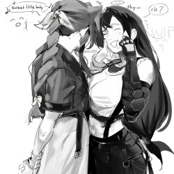  +++ ... 2girls 4k1030 aerith_gainsborough arm_behind_back bare_shoulders black_hair black_skirt bracelet braid braided_ponytail breasts closed_eyes commentary cowboy_shot crop_top cropped_jacket dress elbow_gloves english_commentary english_text facing_another final_fantasy final_fantasy_vii final_fantasy_vii_remake flying_sweatdrops gloves greyscale hair_ribbon hand_on_another's_cheek hand_on_another's_face highres jewelry light_blush long_hair low-tied_long_hair medium_breasts midriff monochrome multiple_girls music musical_note open_mouth ponytail ribbon short_sleeves shy singing single_arm_guard skirt speech_bubble spoken_ellipsis suspender_skirt suspenders tank_top tifa_lockhart twitter_username white_tank_top yuri 